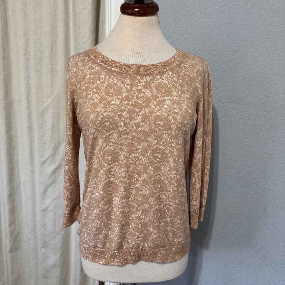 Talbots Women Tan Floral Top‎ Size L Lace Print 3/4 Sleeve Knit Pullover Sweater